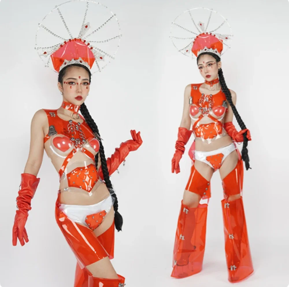 Сценический костюм певицы танцовщицы сексуальный красный прозрачный