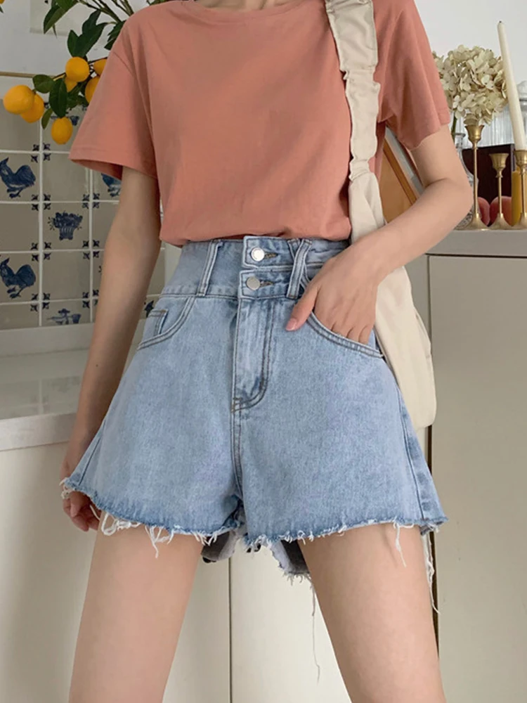 New Summer Women High Waist Wide Leg Raw Hem Blue Denim Shorts Streetwear Female Loose Button Jeans Shorts Bottoms