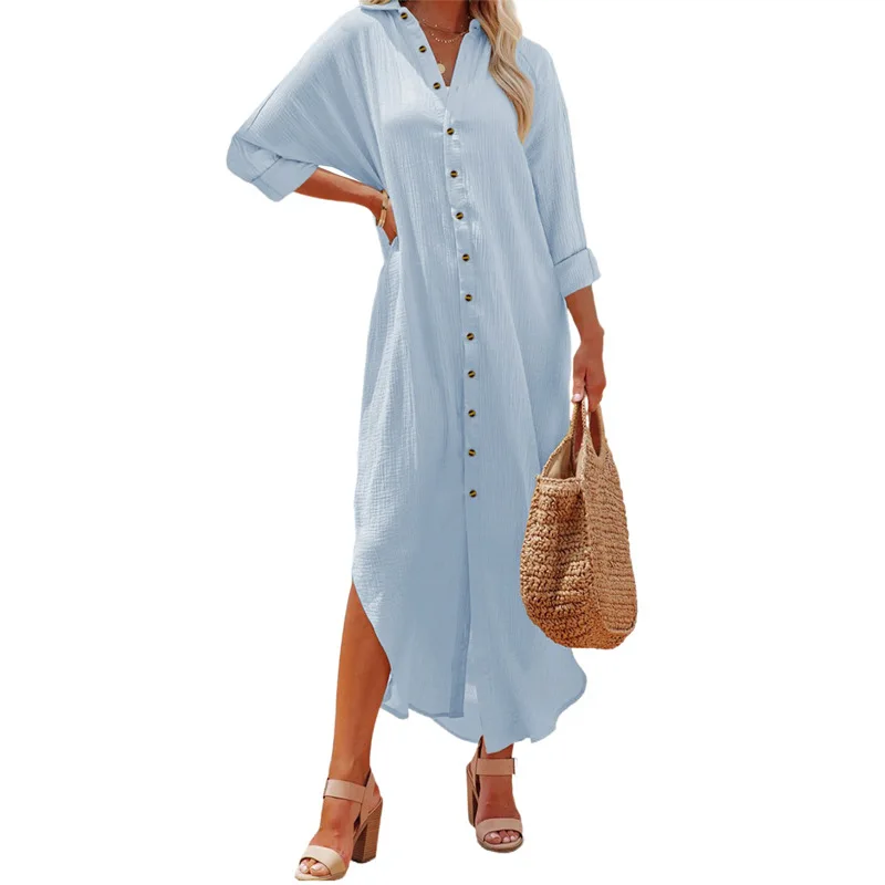 

Fashion Single Breasted Shirt Dresses Women Autumn Elegant Ladies Solid Color Maxi Long Dress Female V-neck Casual Loose Dress