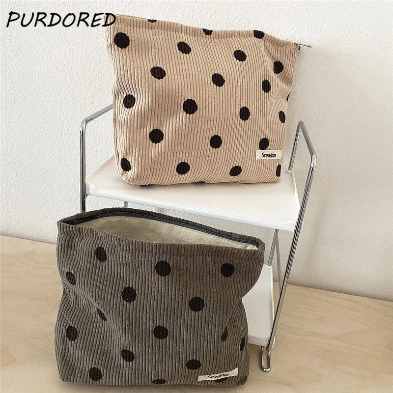 

PURDORED 1 Pc Dot Pattern Women Makeup Bag Winter Corduroy Cosmetic Bag Travel Makeup Beauty Case Storage Organizer Handbag