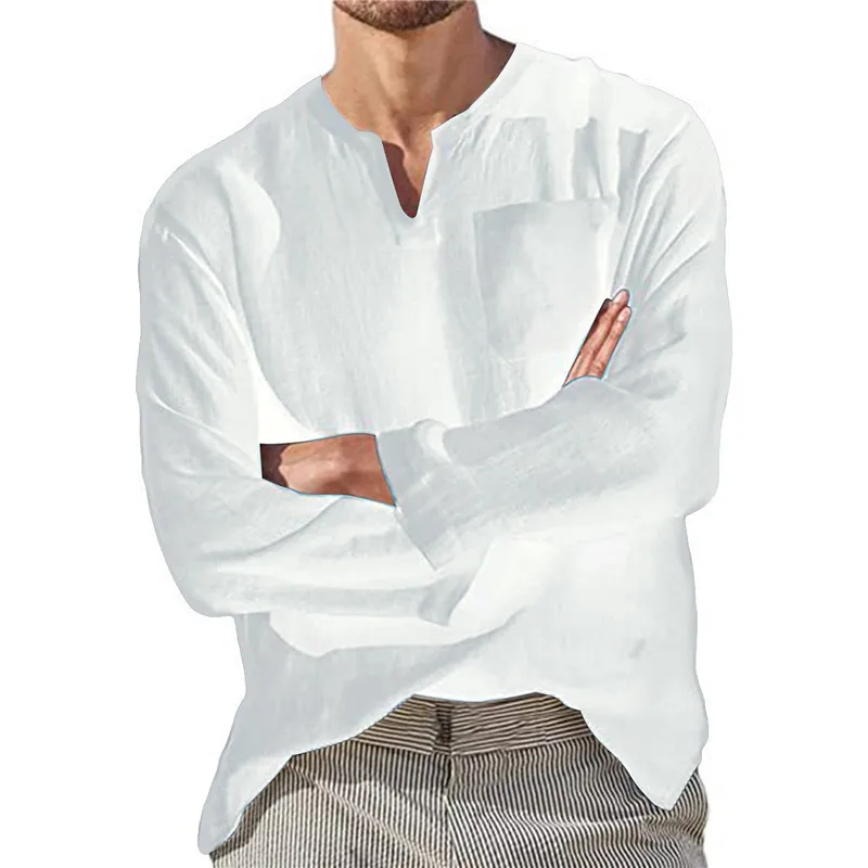 

Mens T Shirts Clothes Stylish Solid Color V Neck Pocket Long Sleeve Tee Top Men Shirt Streetwear Cotton Linen Tees