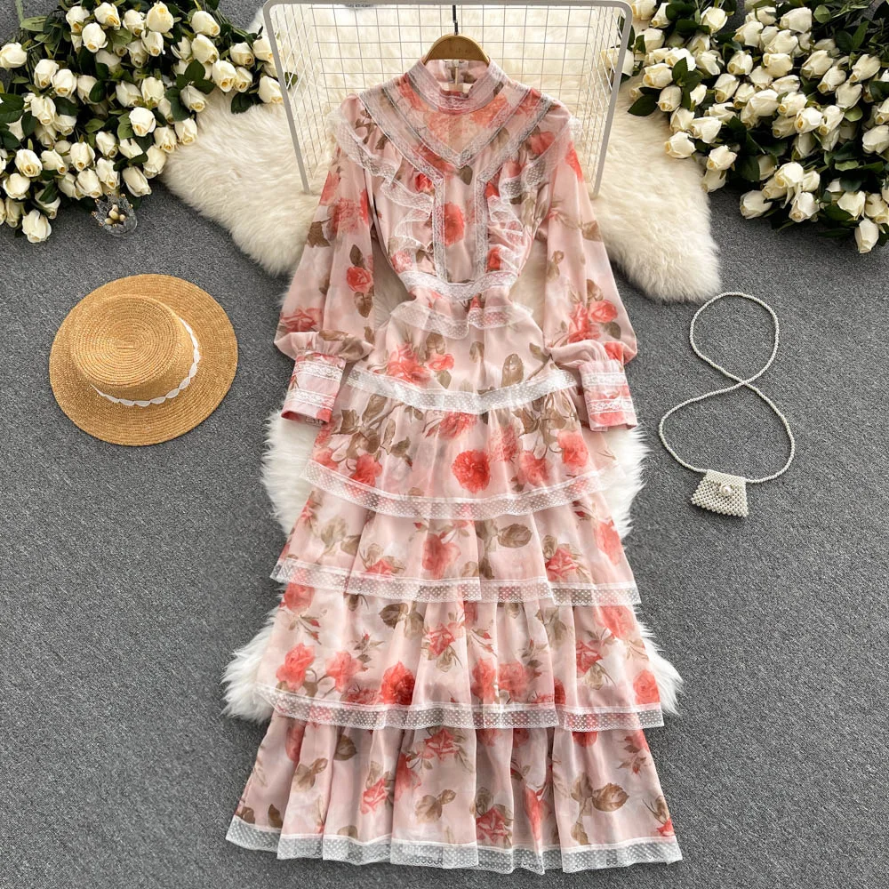 

Women Lace Ruffles Patchwork Print Dress Stand Neck Long Sleeve New Arrivals Lady Sexy Fashion Spring Autumn 2022