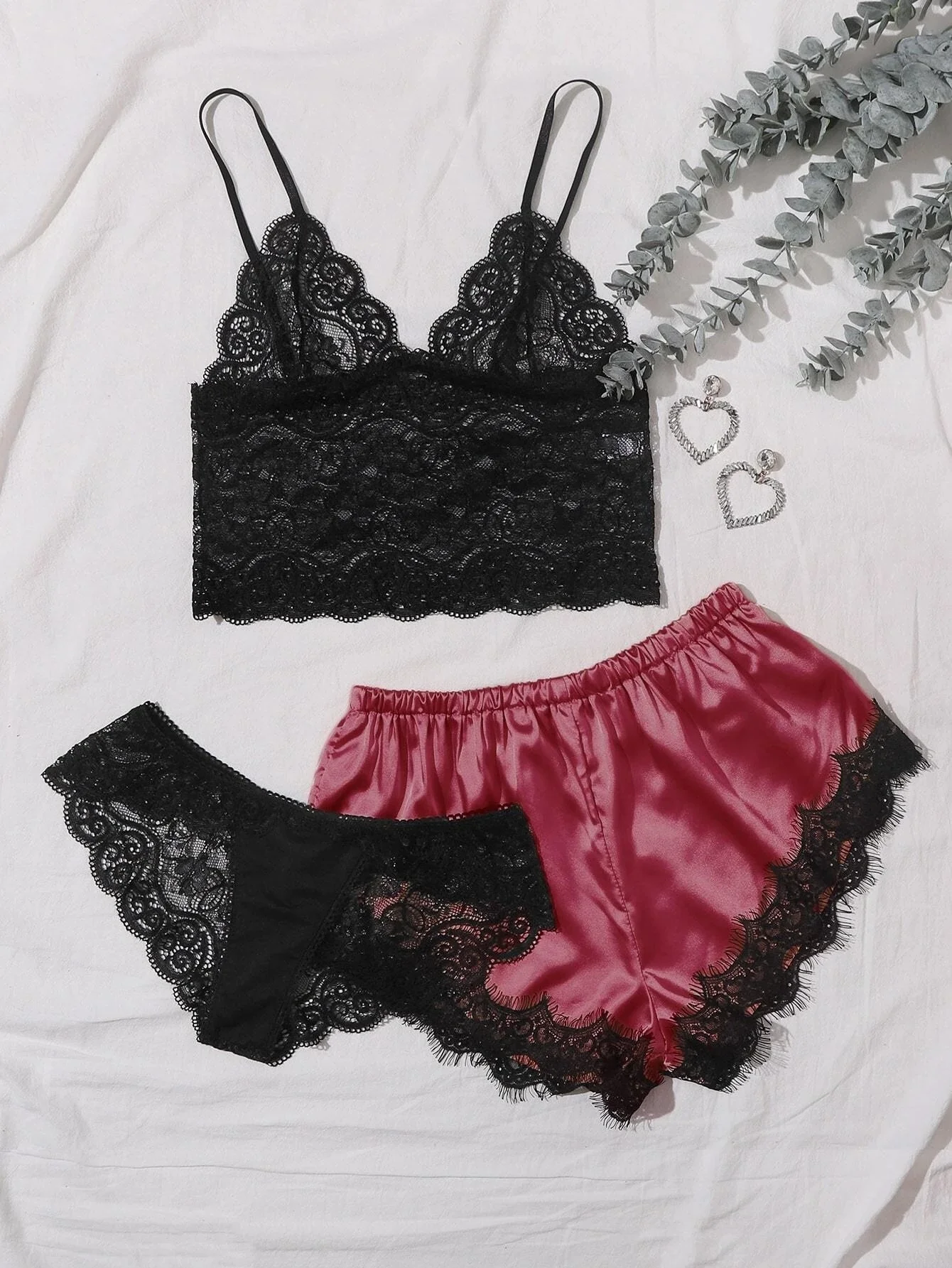 

Sexy underwear home nightdress sexy lace suspender pajamas three piece set 1524