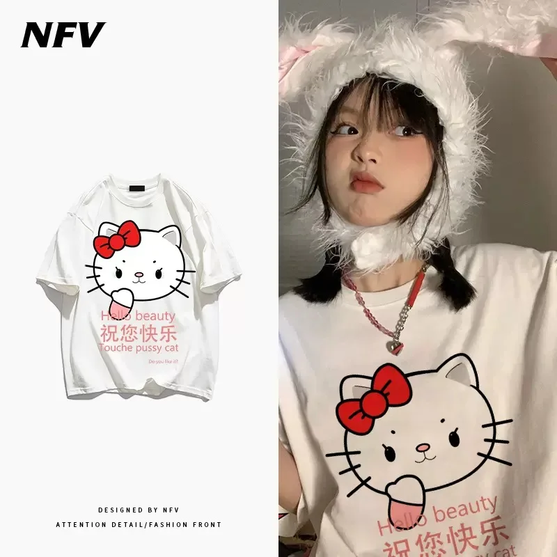 

Hello Kitty Cartoon Anime Print Short-Sleeved T-Shirt Summer Couple Wear Cute Half-Sleeved Loose Adorable Cotton Bottoming Shirt
