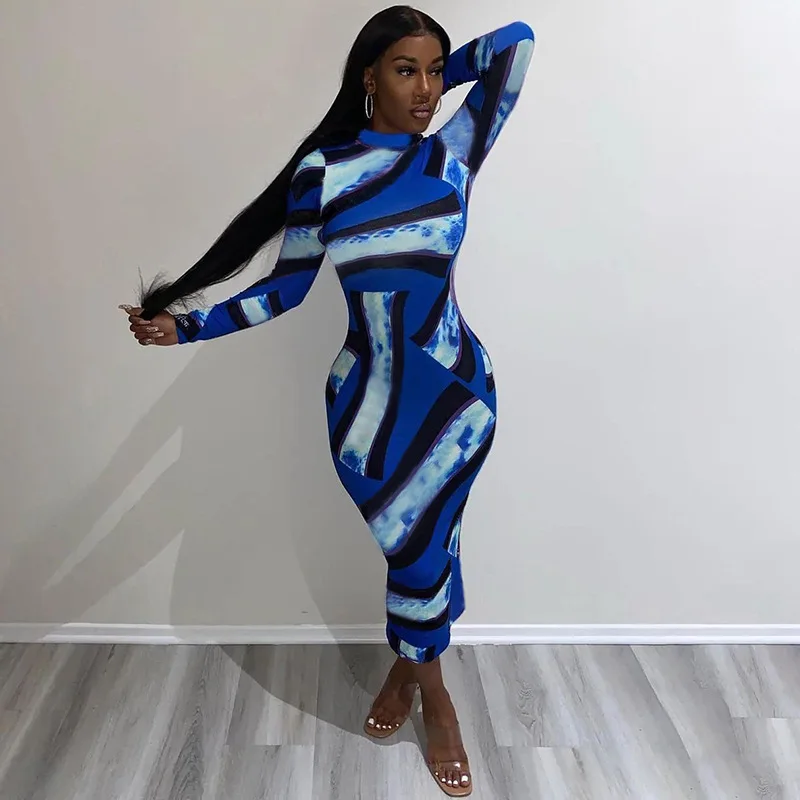 

Vintage Colorblock Print Dress For Women Fashion Full Sleeve O-neck Bodycon Robe Female New Autumn Party Club Outfits