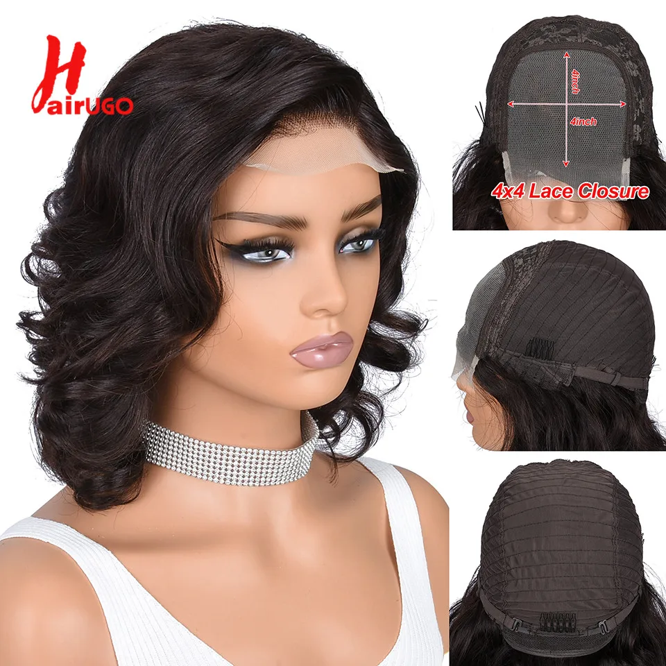 HairUGo Bouncy Curly 4x4 Lace Closure Wig Human Hair Pre Plucked Remy Brazilian Human Hair Wigs For Black Women