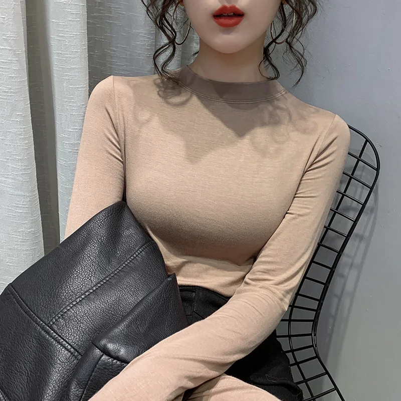 Женская рубашка из модала с полувысоким воротником осень 2023 новая облегающая в