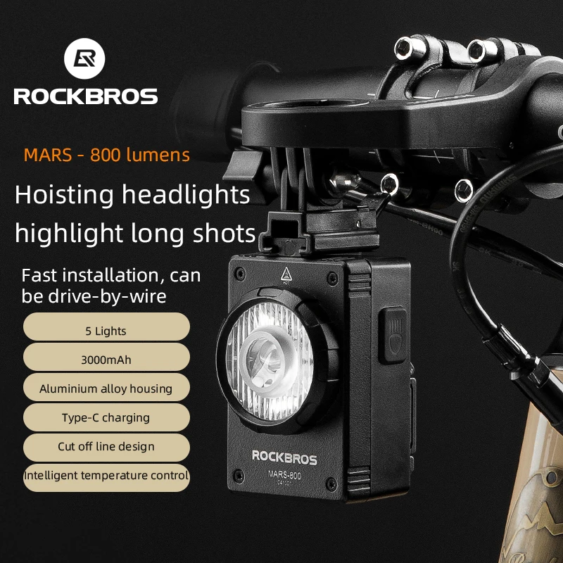 ROCKBROS Bike Light 800LM LED Lamp Headlight Wire Control Bicycle Front Flashlight MTB Road Type-C Hoisting Cycling Light