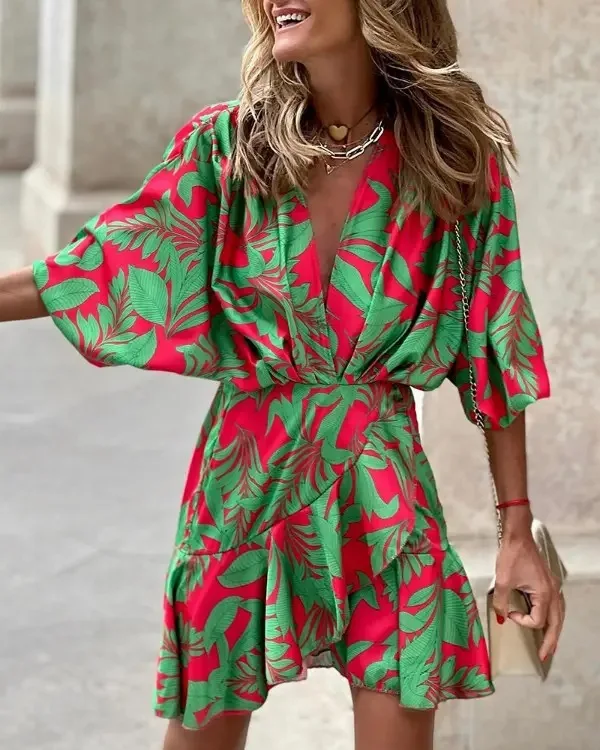 

Summer Women Fashion V Neck Half Sleeve Mini Dress Batwing Sleeve Tropical Print Ruffle Hem Dress