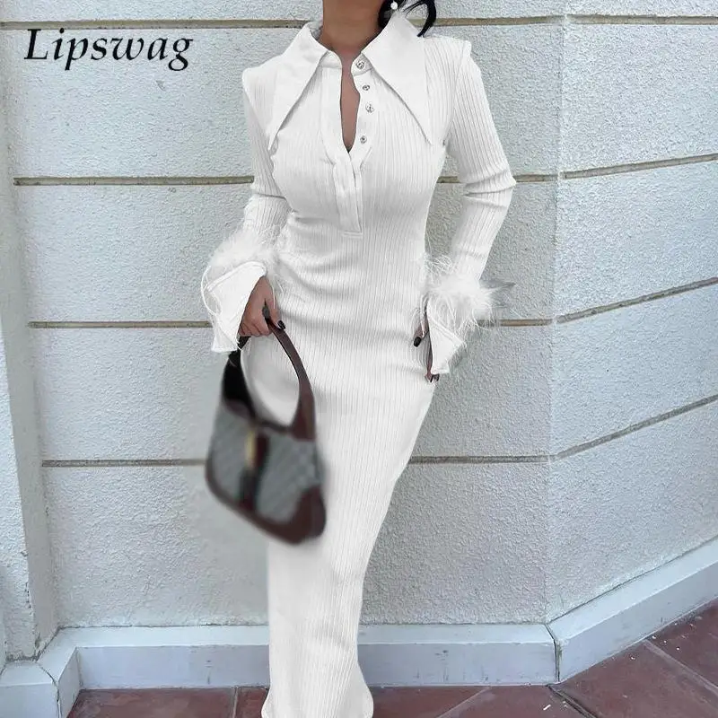 

New Long Sleeve Feather Splicing Shirt Dress Autumn Women Solid Color Button Elegant Dress Fashion Lapel Temperament Long Dress