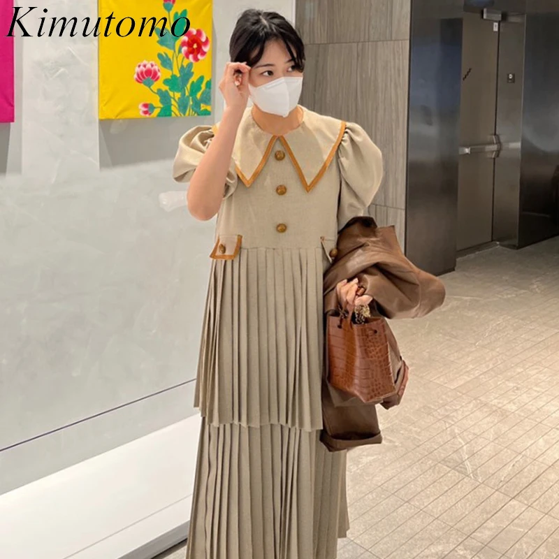 

Kimutomo Vintage Color Contrast Loose Pleated Dress Woman Doll Collar Buttons Design Puff Sleeves Long Dresses 2022 Summer New