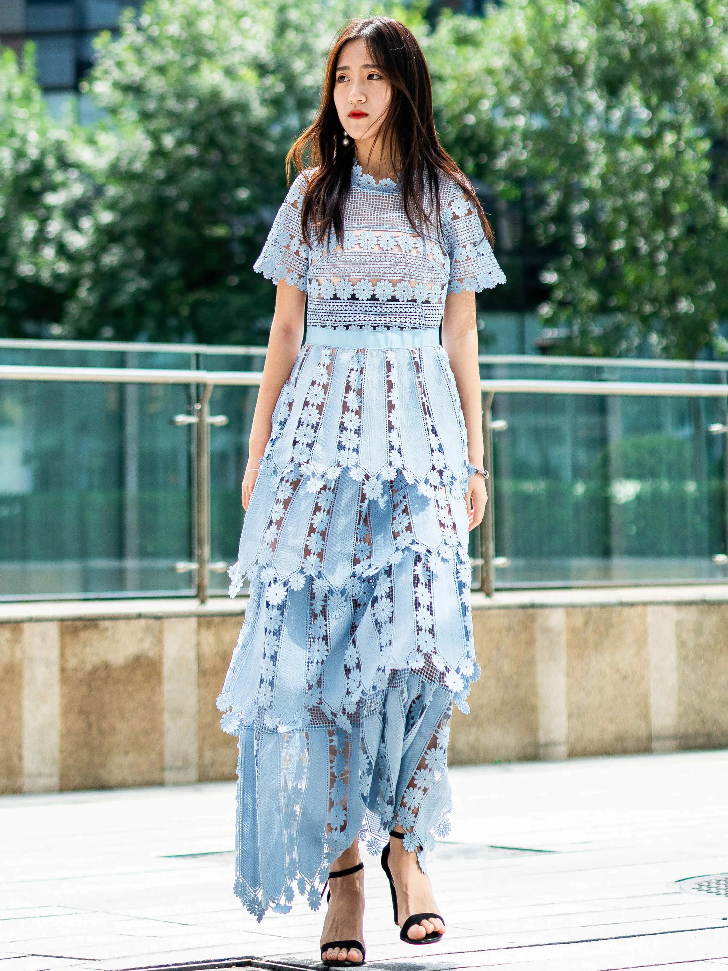 

Женское кружевное платье с воротником-стойкой, голубое винтажное длинное облегающее платье с вырезами, лето 2023