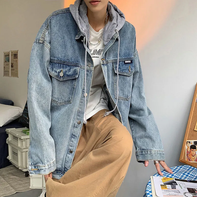 Джинсовая куртка мужская оверсайз с капюшоном модный жилет из денима в стиле