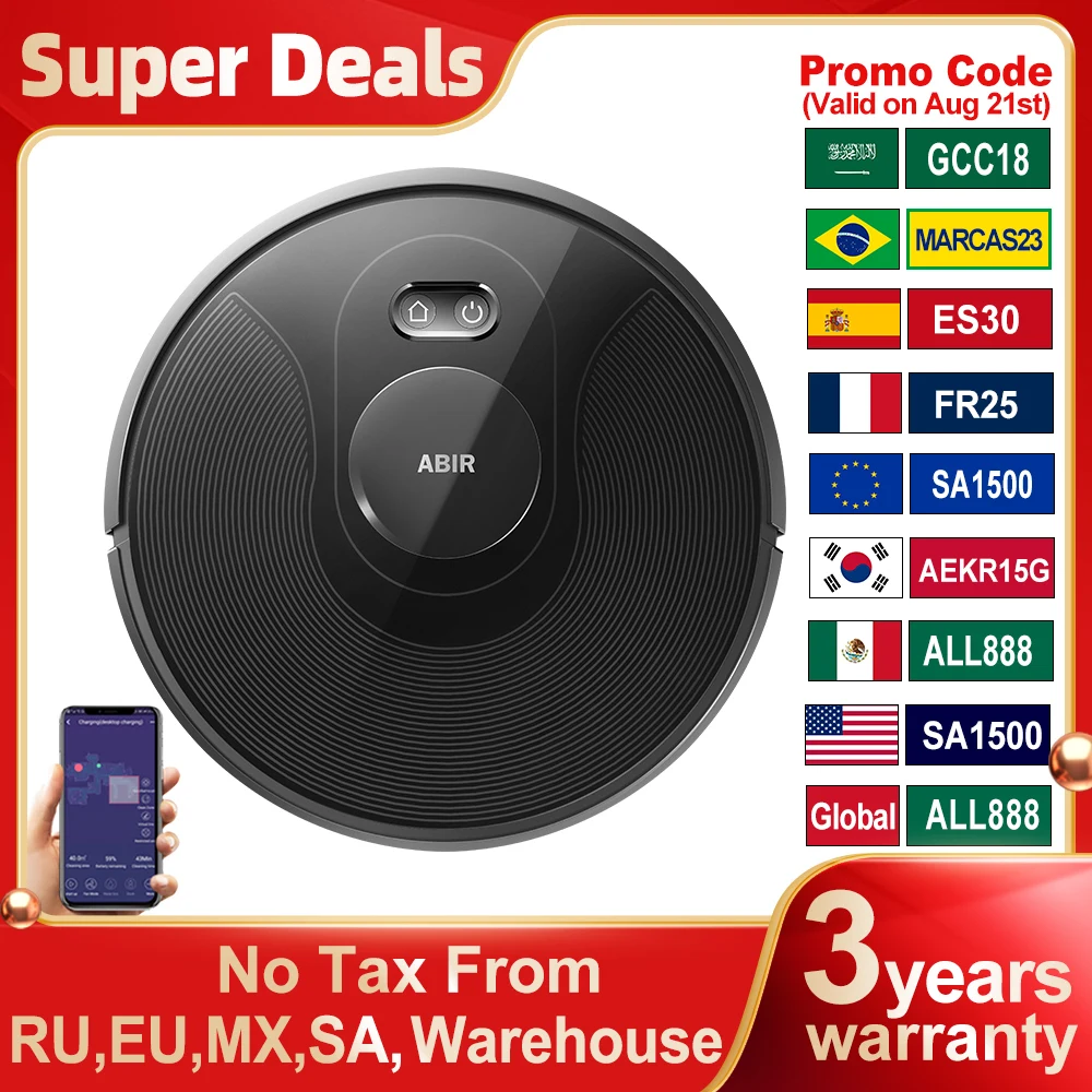 ABIR X8 Robot Vacuum Cleaner ,Laser System, Multiple Floors Maps, Zone Cleaning, Restricted Area Setting for Home Carpet Washing