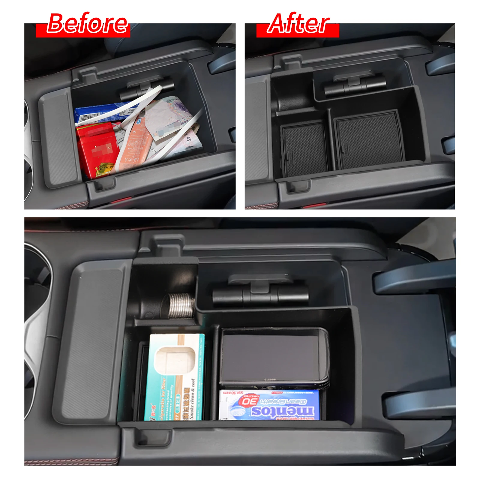 Фото LUCKEASY для BYD Seal U Sealion 6 Song Plus DM-i 2025, подлокотник для центральной консоли, ящик для хранения, автомобильный лоток, аксессуары для уборки, черный №2