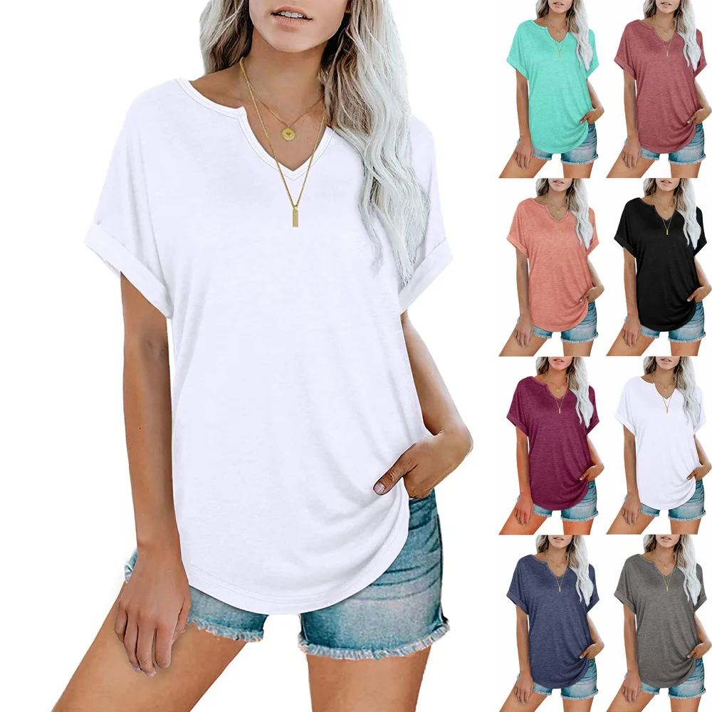 

Women's Summer Fashion New Solid Color V-neck Loose Short-sleeved T-shirt Women's Casual Commuter All-match Top Female and Lady