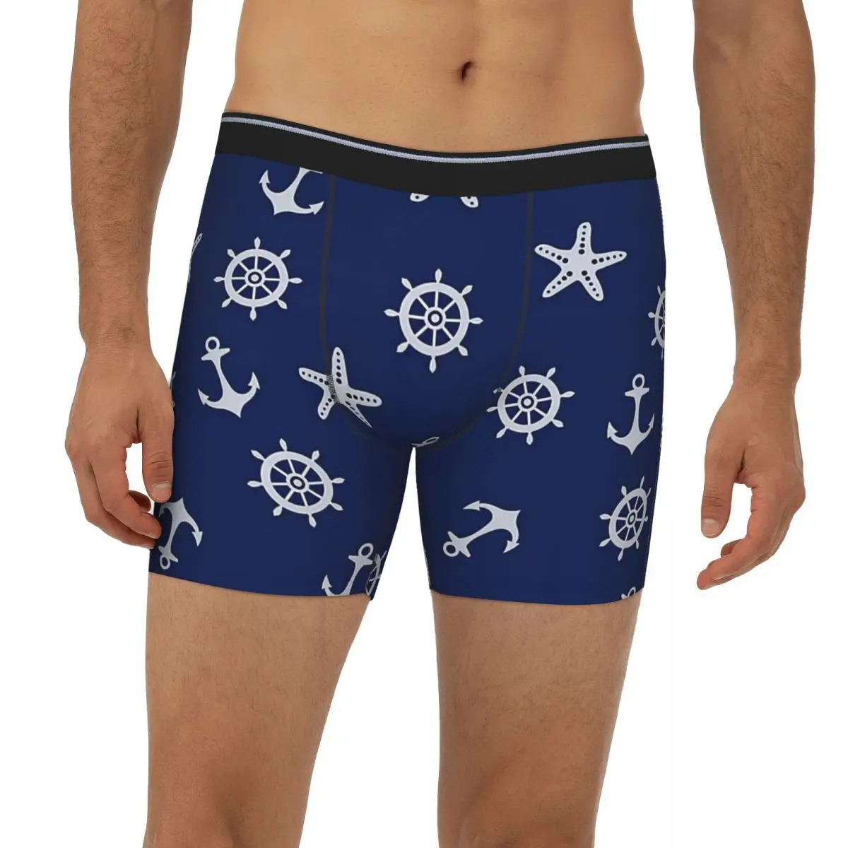 

Navy Blue Nautical Anchor Pattern Underpants Breathbale Panties Male Underwear Boxer Briefs extended underwear