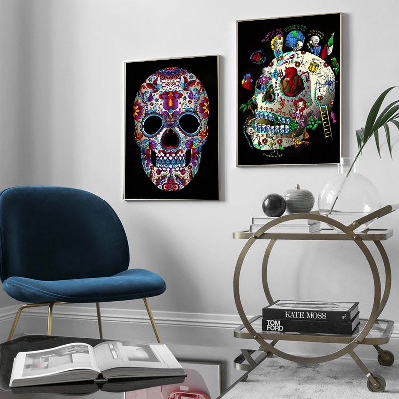 Мексиканский абстрактный красочный постер с головой черепа холст картина День