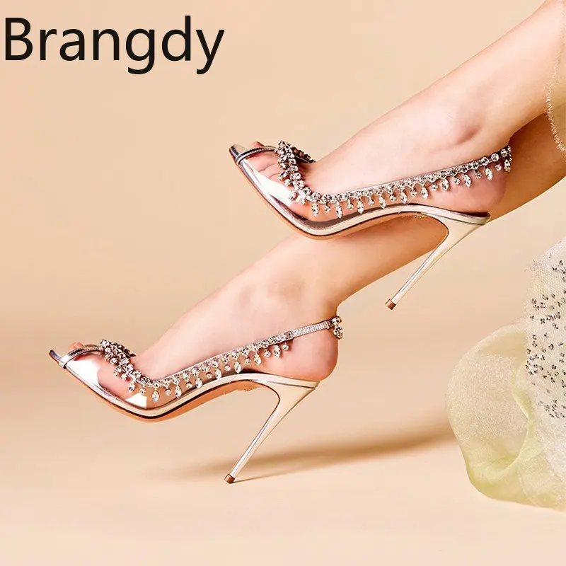 

Designer Luxury Crystal Summer Wedding Shoes Woman Silver High Heels Transparent Clear PVC slingback Embellished Jelly Sandals
