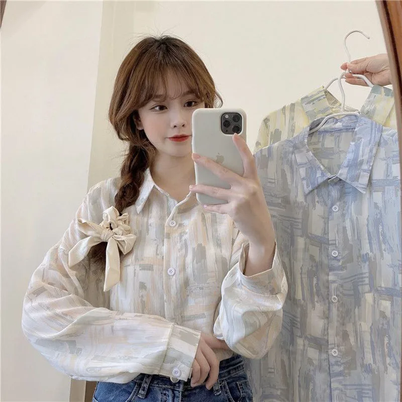 

Женская блузка с длинным рукавом, элегантная дизайнерская рубашка с принтом, женская блузка с принтом, корейская мода, Студенческая верхняя...