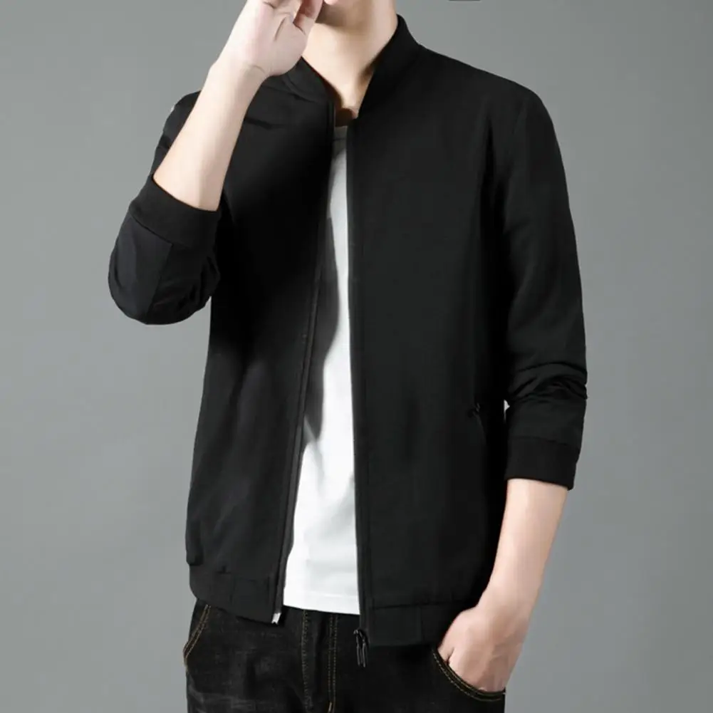 

Handsome Stand Collar Smooth Zipper Fleece Jacket Plush Lined Soft Solid Color Side Pockets Men Jacket Coat for Fall Winter