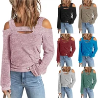 2022 autumn and winter womens fashion casual solid color off shoulder loose long sleeve t shirt women