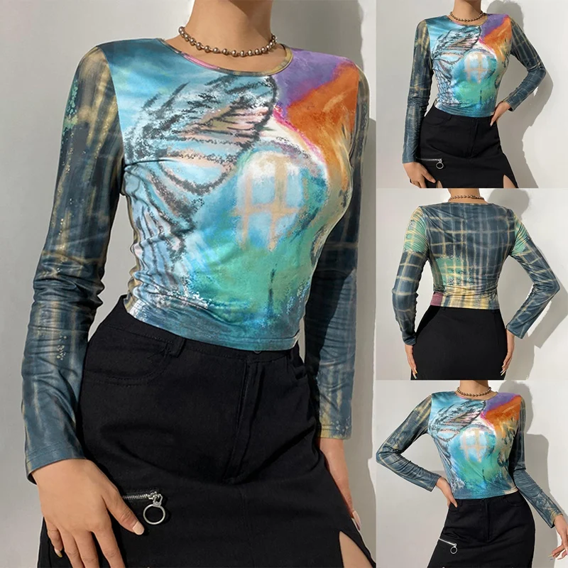 

Fairy Art Print Long Sleeve T-Shirts Y2K Streetwear Round-Neck Vintage Crop Tops Summer Tees Slim