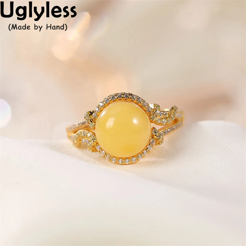 

Uglyless Luxury Natural Gemstones Amber Jewelry for Women Sparkly Crystal Gold Rings Chicken Oil Beeswax Rings 925 Silver Bijoux