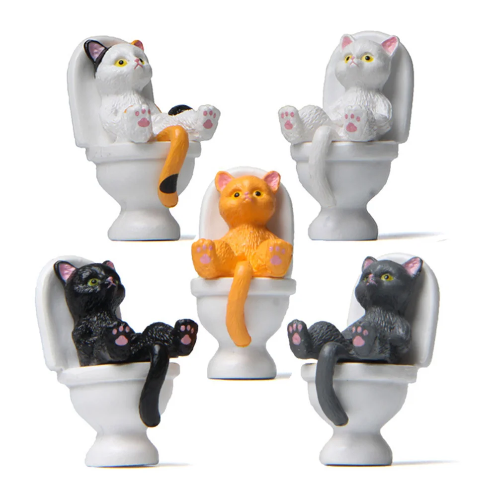 

1/5Pcs Creative Cat on Toilet Figurines Miniatures Kitten Model Micro Landscape Fairy Dollhouse Ornament Home Desktop Decoration