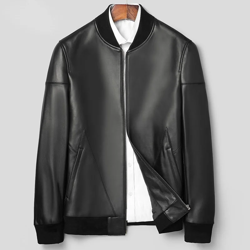 

Male Leather Hombre Sheepskin Jackets High Autumn Fashion Black Motorcycle quality Jacket Baseball Uniform Abrigo 100% Genuine