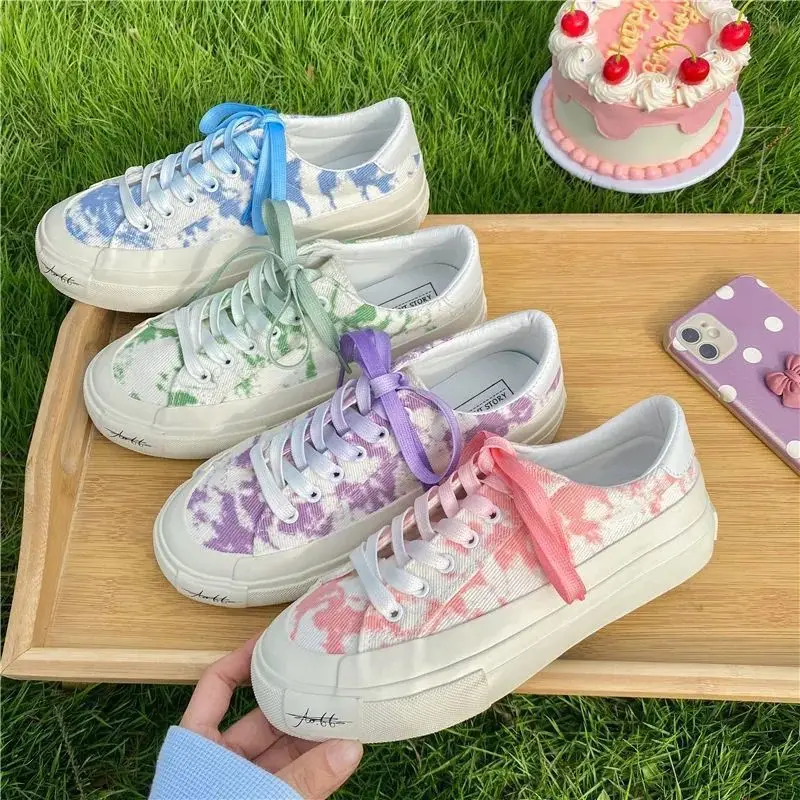 Brilliant Tie Dye Canvas Shoes Women‘s Vulcanized Sneakers Low Top Sports Shoes Woman Summer Casual Pink Sneaker Gym Shoes New
