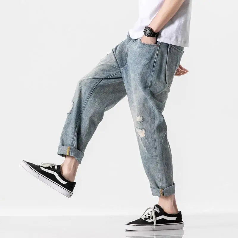 Summer Fashion Brand Men's Ripped Jeans Loose Straight Korean Style Fashion ThininsCropped Pants Men 'S Light Color