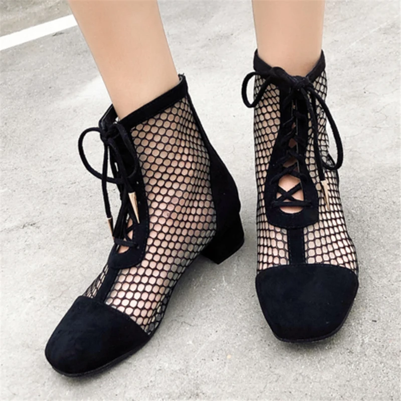 Hollow Out Women Summer Boots Mesh Gladiator Sandals Square Heel Lace-up Ankle Boots Black Suede High Heel Shoes Woman Big Size