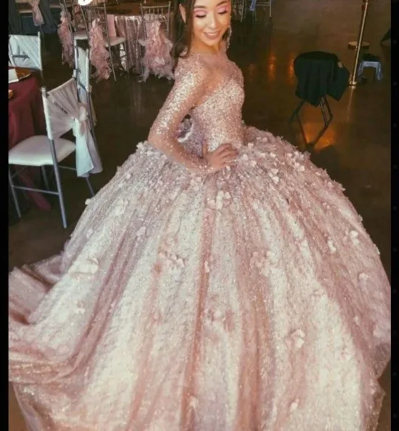 Голубые платья Quinceanera 2024 бальное платье Sweet 16 с длинными рукавами и блестками