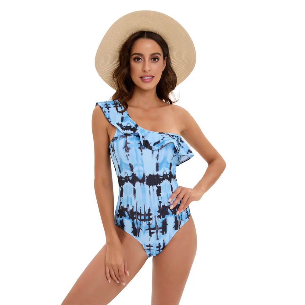 

One Piece Swimsuit 2022 Sexy Ruffle Print One Shoulder Swimwear Women Beachwear Bandeau Push Up Bathing Suit Flounced Monkini