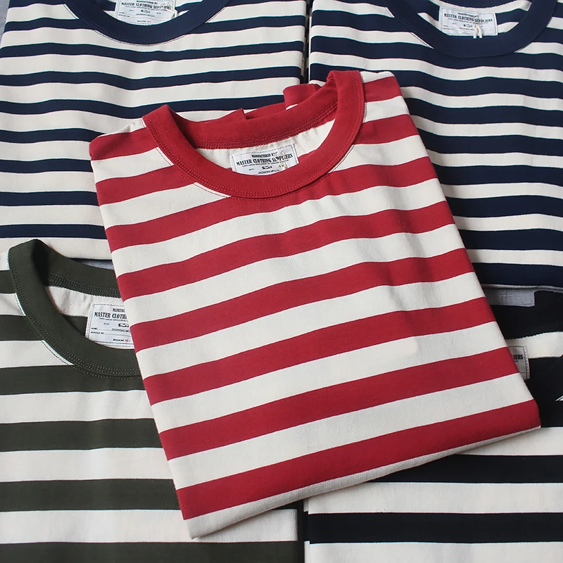 

Summer New 230g American Retro Short Sleeve O-neck Navy Striped T-shirt Men's Fashion 100% Cotton Washed Heavyweight Casual Tops