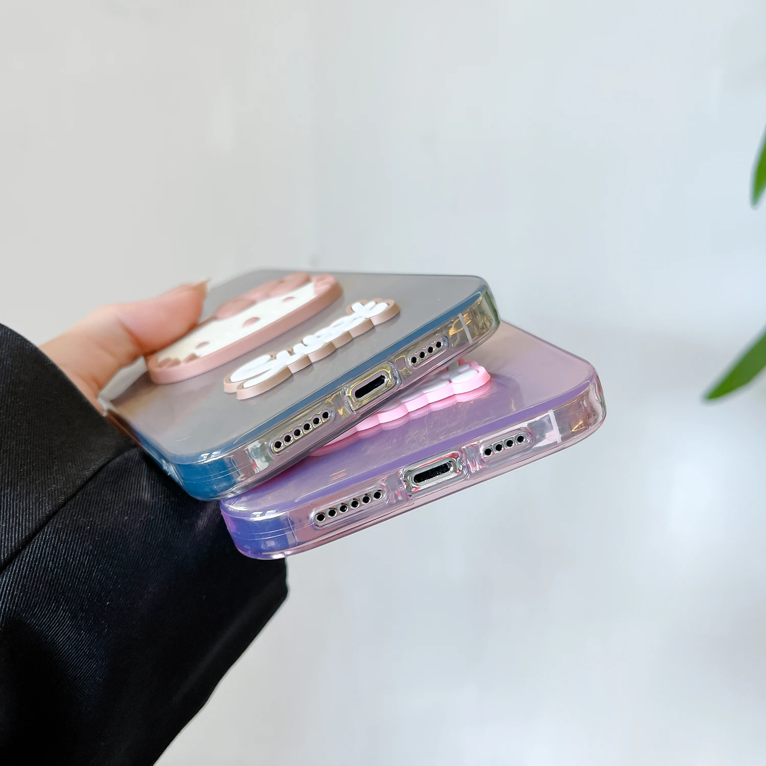 Мягкий чехол из ТПУ для iPhone 16 15 14 13 Max Plus с милыми 3D ушками Hello Kitty текстура ледника