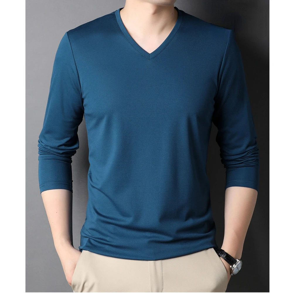 

Футболка мужская из шелка и хлопка, легкая дышащая рубашка с длинным рукавом, с V-образным вырезом, однотонная белая, черная, на осень