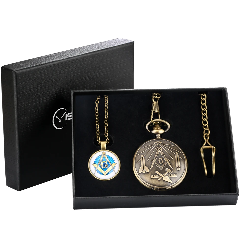 Steampunk Vintage Masonic Themed Quartz Pocket Watch Pendant Sets Box Gift Arabic Numerals White Dial Fob Chain Pocket Timepiece