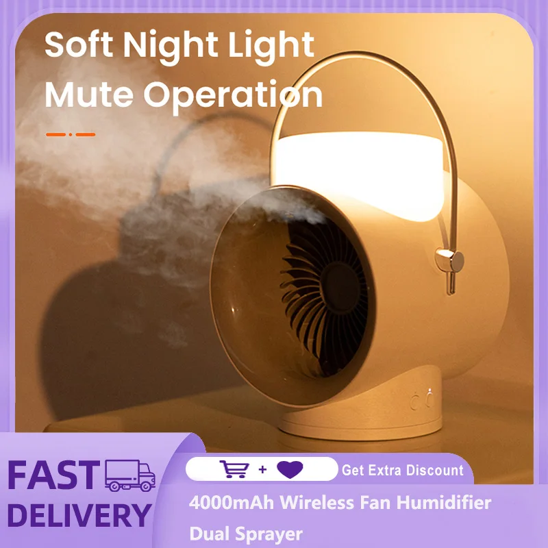 

4000mAh Wireless Fan Humidifier Dual Sprayer Aroma Diffuser Night Light 3 Gears Wind Aroma Diffuser Type-C Charge Portable