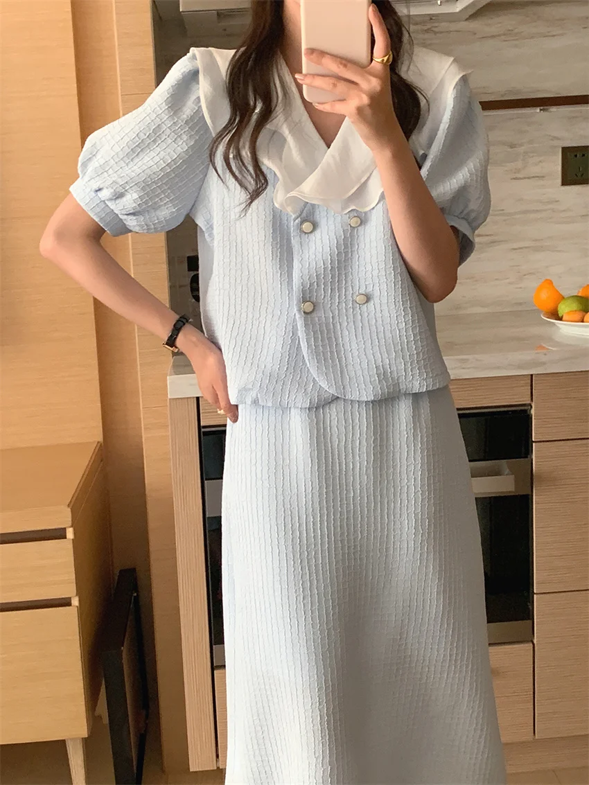 

Summer Plaid Women Suits Elegant Hot OL Sweet 2022 Work Wear Sets New OL Short Sleeve Tops High Waist Long Skirts