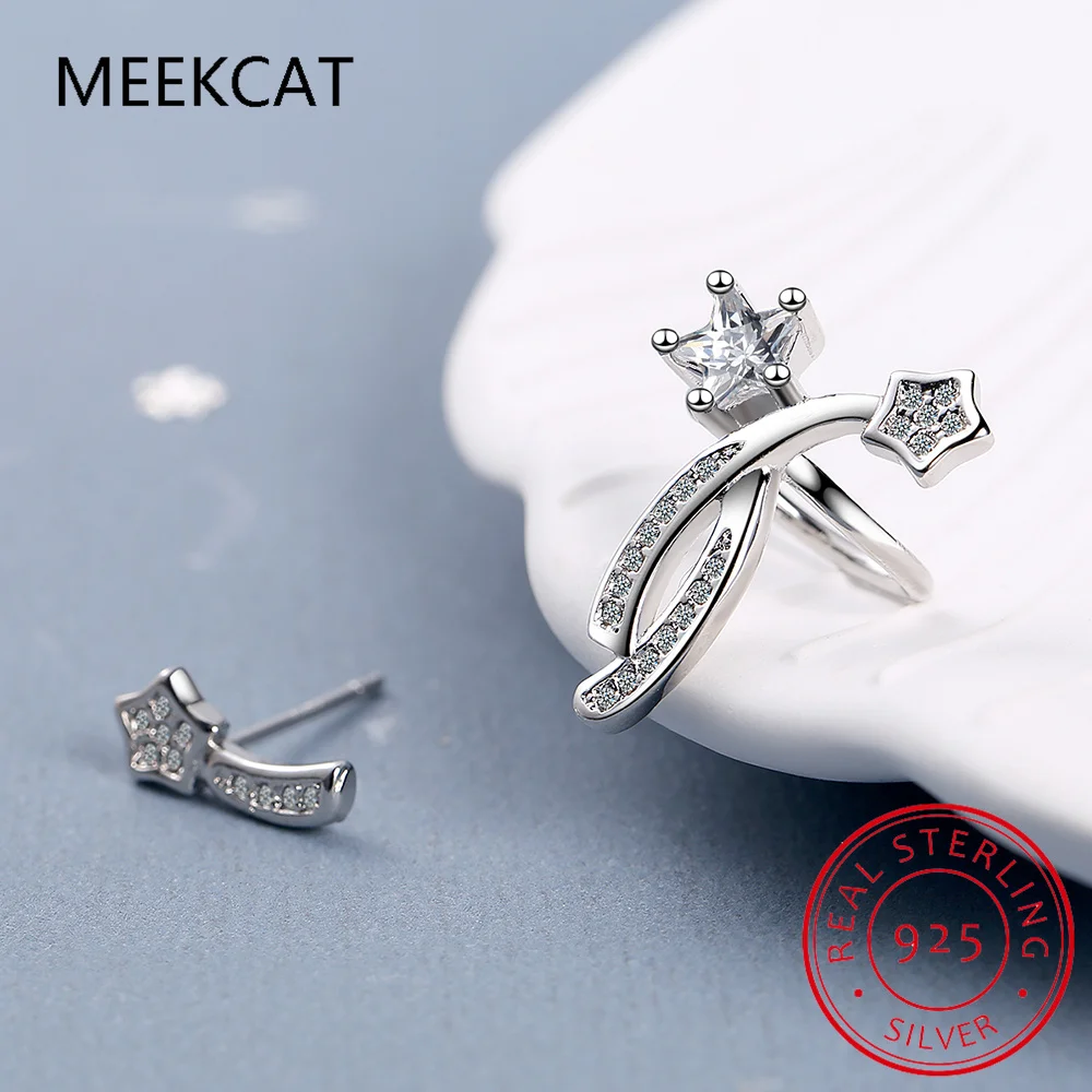 Real 925 Sterling Silver Sweet Asymmetric Star Shine CZ Stud Earring Boucle d'oreille For Women Wedding Fine Jewelry DA3019