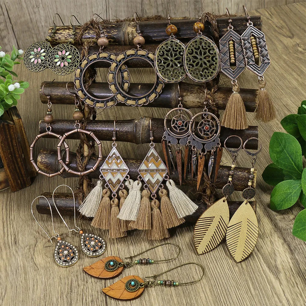 

Bohemian Ethnic Brown Tassel Natural Wooden Hanging Earrings for Women Vintage Hollow Geometric Beads Dangle Earrings Jewelry