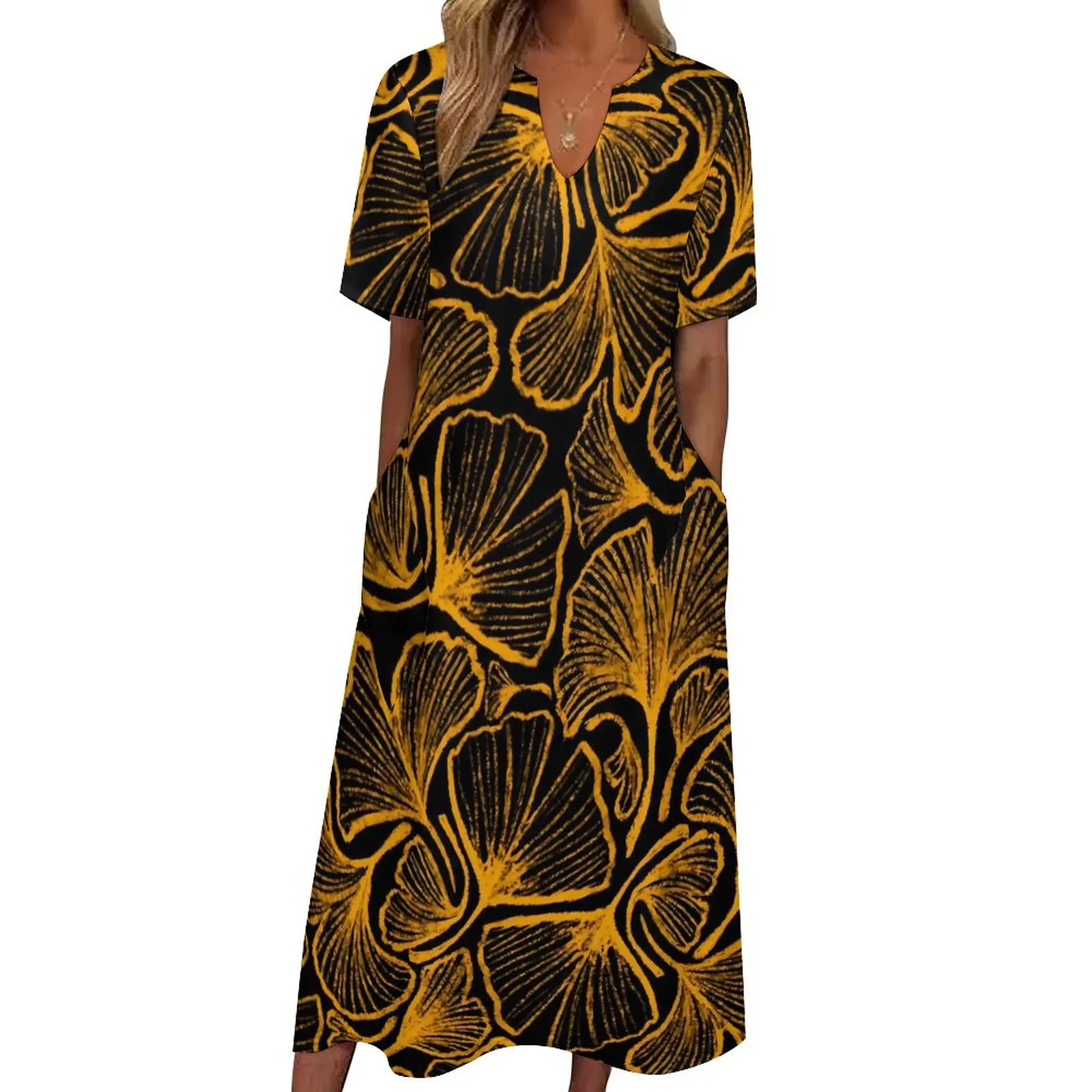 

Ginkgo Biloba Dress Summer Yellow Leaves Print Korean Fashion Casual Long Dresses Womens Custom Party Maxi Dress Big Size 5XL