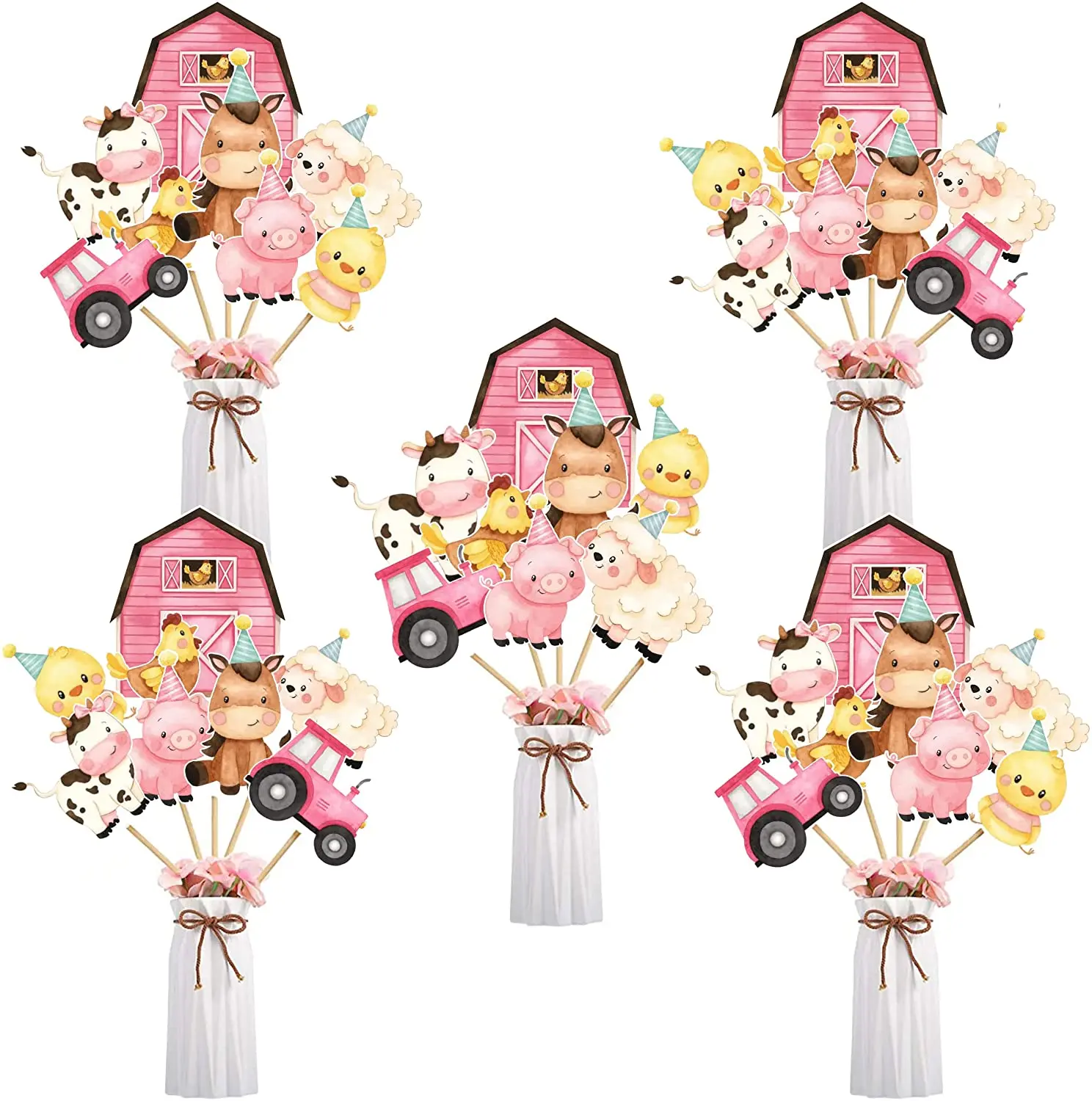 

Fangleland 24Pcs Farm Animal Centerpiece Sticks Pink for Farm Themed Party Table Toppers Girls Baby Shower Birthday Party Decor