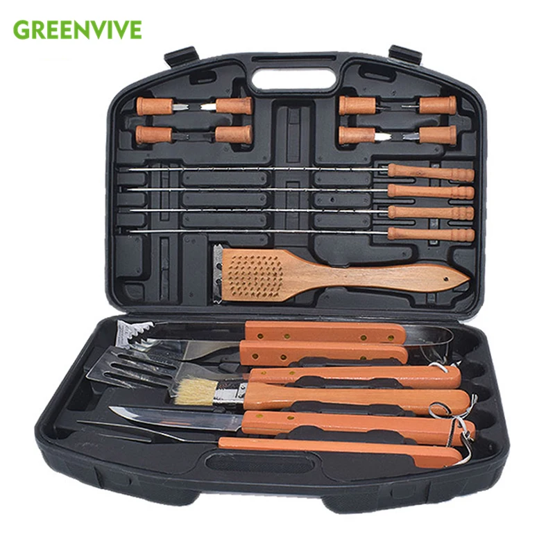 18 Pcs BBQ Tools Set Stainless Steel Wooden Handle Barbecue Kit Outdoor Camping Plastic Box Home BBQ Barbecue Grill Tool Set
