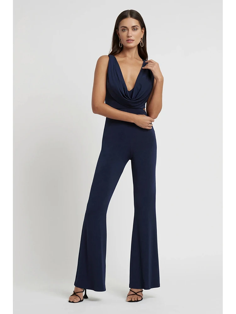 

Женский комбинезон без рукавов, черный элегантный комбинезон с V-образным вырезом и широкими штанинами, лето 2019