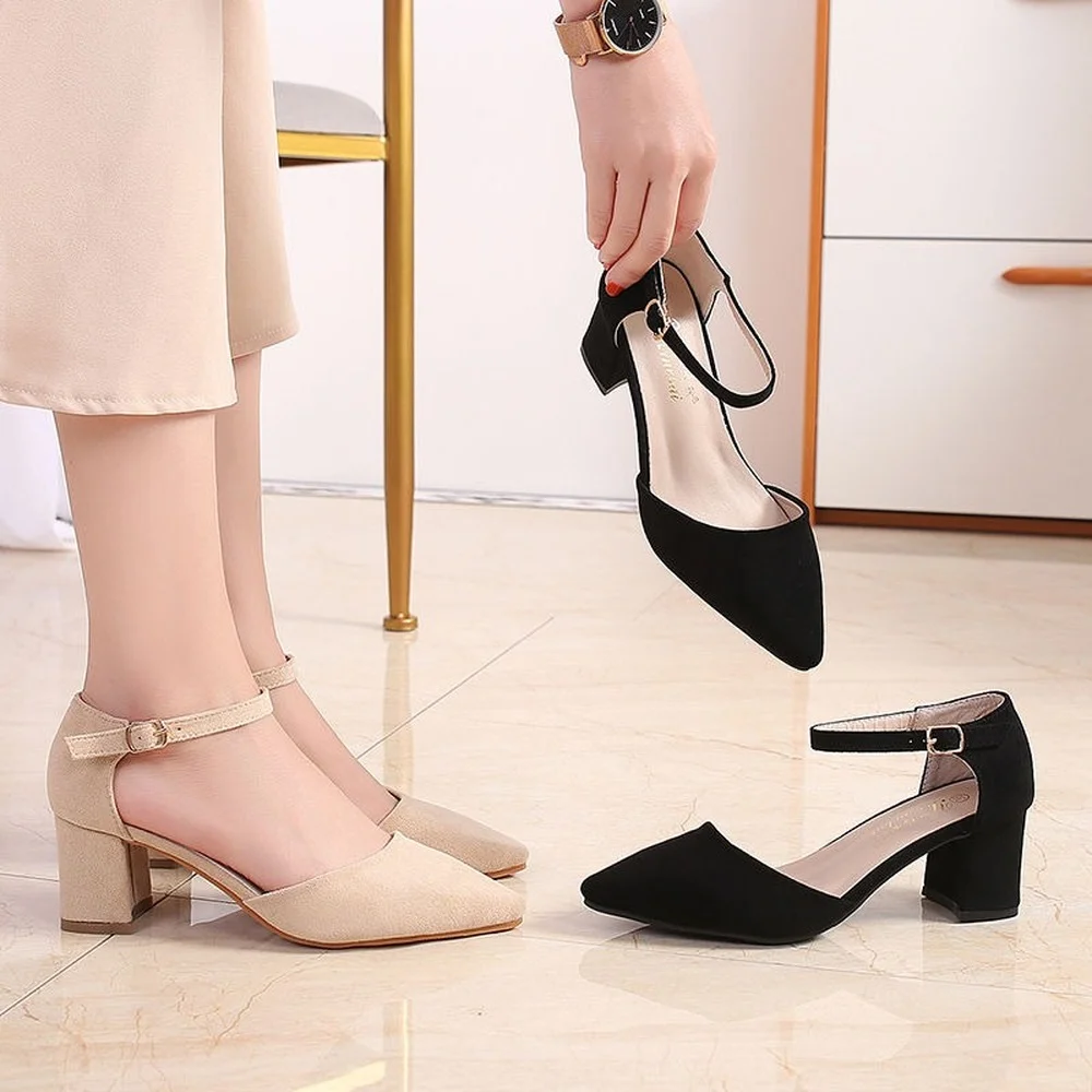 

Sandals women's summer 2022 Baotou small fresh thick heel one word buckle hollow Korean version medium heel pointed toe shoes