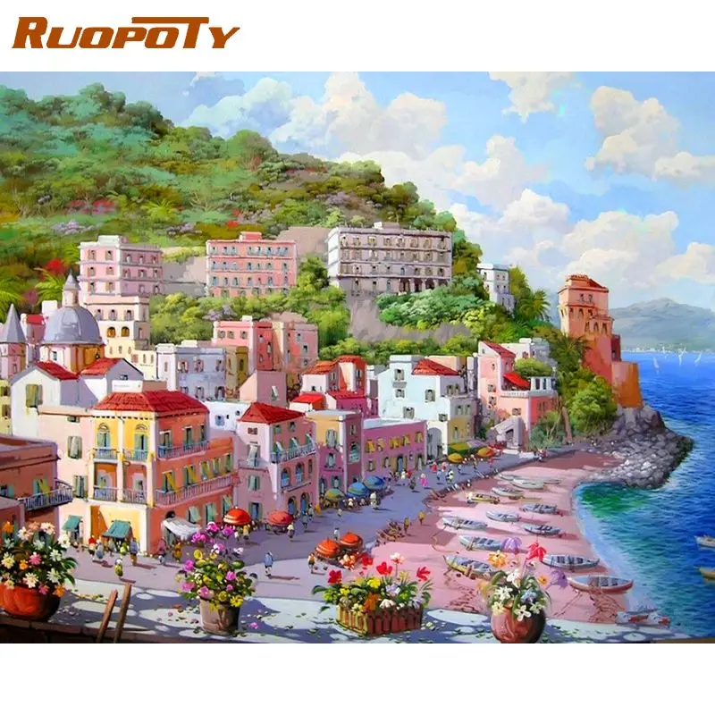 

RUOPOTY Modern Painting By Numbers Handpainted Seaside Houses Diy Crafts On Canvas Picture Paint Gift For Adults Kill Time Easy