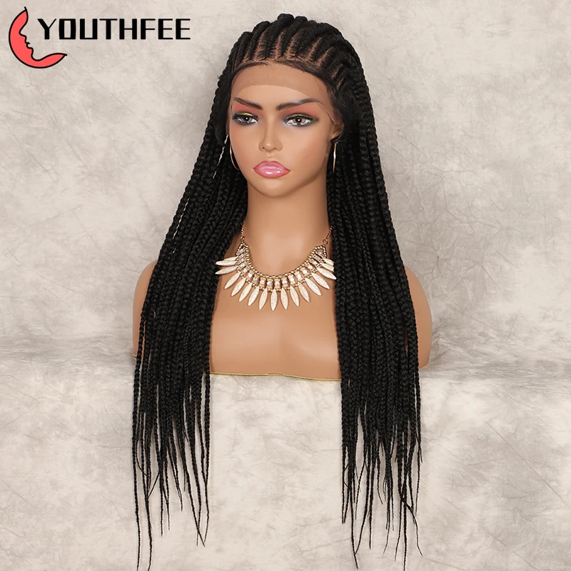 

Youthfee 13X6 African Cornrow Braids Wig For Black Women Lace Front Wigs 28 Inches Box Braided Synthetic Wigs With Baby Hair